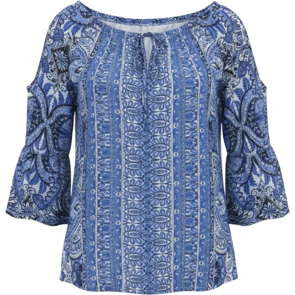 Wms Boho Paisley Cold Shoulder Blouse XL Blue Relaxed Peasant Top Festival